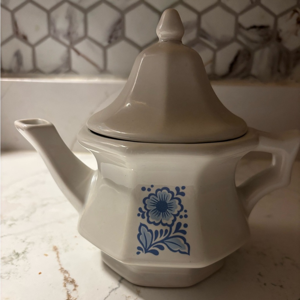 Avon White Ceramic Teapot with Blue Floral Design